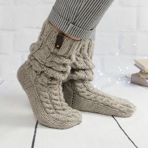 Knit slipper woman cable wool sock, Handmade knitted warm home house sock, Slouch cozy sock, Winter boot sock, Inspirational woman gift