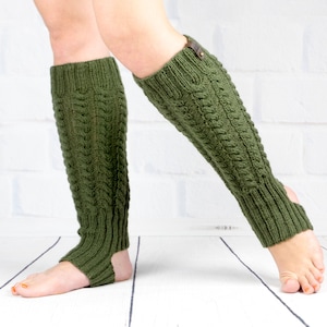 Hand Knit Wool Blend Leg Warmers: Olive Green Cable Knit Boot Cuffs