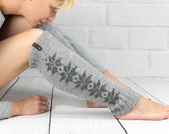 Long leg warmer Dance Yoga Ballet, Hand knit legwarmers gray color for girls or teen, Winter warm wool boot socks cuffs, Woman gift