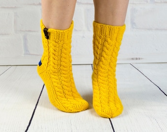 Knit slipper yellow cable wool sock, Handmade knitted warm home house sock, Slouch cozy sock, Winter boot sock, Inspirational woman gift