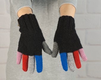 Hand Knitted Wool Gloves: Rainbow Finger Warm Mittens