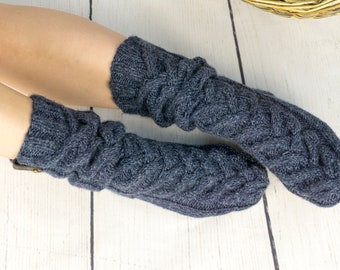 Knit slipper woman cable wool sock, Handmade knitted warm home house sock, Slouch cozy sock, Winter boot sock, Inspirational woman gift