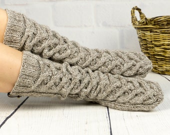 Knit slipper woman cable wool sock, Handmade knitted warm home house sock, Slouch cozy sock, Winter boot sock, Inspirational woman gift