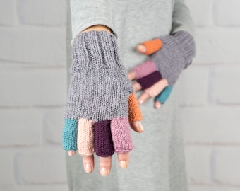 Fingerless glove woman, Knit rainbow half finger touch screen glove, Cozy warm wool mittens, Driver glove, Christmas outdoor gift