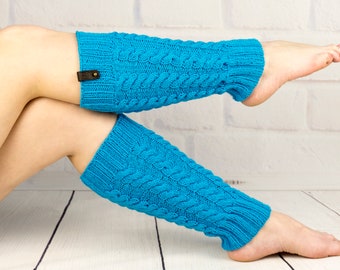 Knit legwarmers knee high neon blue with cable, Warm yoga socks, Leg warmers womens chunky boots, boot ankle cuff, Ballet leg warmers