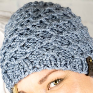 Knit winter chunky denim hat, Wool warm beanie, Hand knitted women's hat, Adult cable hat, Knit accessories, Women's inspiration gift image 8