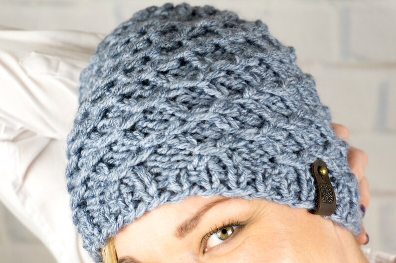 Knit winter chunky denim hat, Wool warm beanie, Hand knitted women's hat, Adult cable hat, Knit accessories, Women's inspiration gift image 8