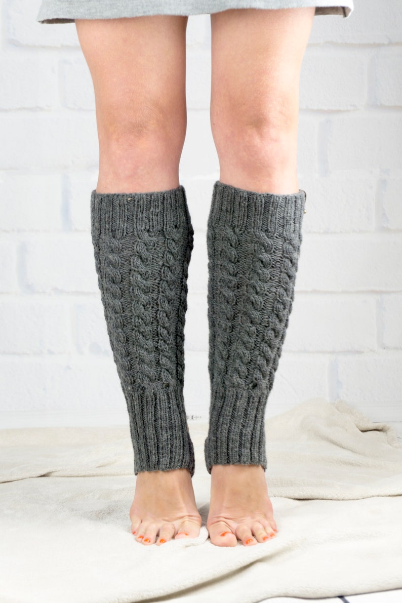 Long Cable Leg Warmer Dance Yoga Ballet, Hand Knit Legwarmer Gray Color for Girls or Teen