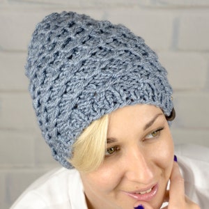 Knit winter chunky denim hat, Wool warm beanie, Hand knitted women's hat, Adult cable hat, Knit accessories, Women's inspiration gift image 2