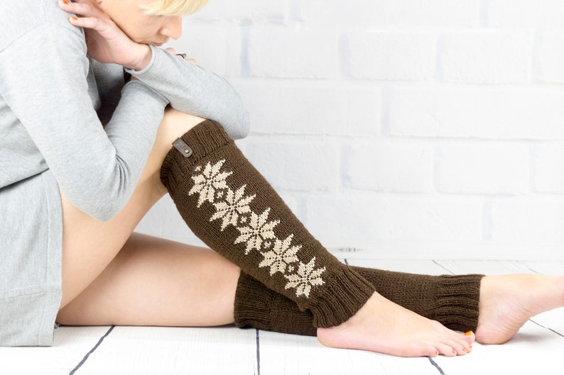 Long leg warmer Dance Yoga Ballet, Hand knit legwarmers gray color for girls or teen, Winter warm wool boot socks cuffs, Woman gift Brown