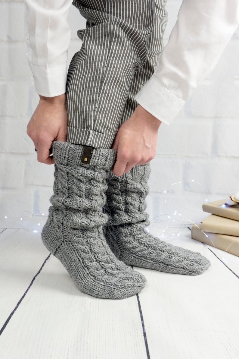 Knit Slipper Woman Cable Wool Sock Handmade Knitted Warm Home Etsy