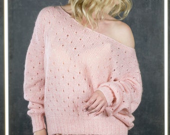 Cozy Hand-Knitted Merino Wool Off the Shoulder Sweater: Fluffy Pink Open Knit Jumper, Oversized Pullover for Everyday and Evening Looks