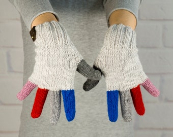 Hand knitted winter gloves with finger for women, Cozy rainbow warm gloves for girls, Wool soft cute mittens, Christmas outdoor gift