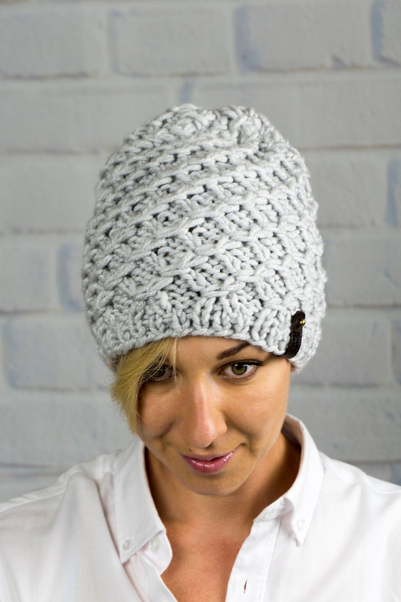 Knit Winter Chunky Light Grey Hat, Wool Warm Beanie, Hand Knitted Women's Hat, Adult Cable Hat