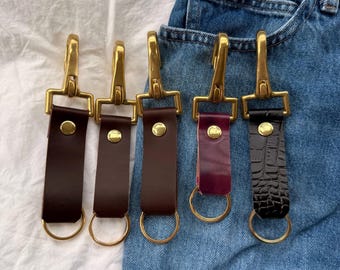 Full Grain Leather Keychain: Solid Brass Clip, Handmade Key Holder