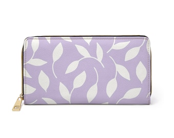 Leaf Design Zipper Wallet, Light Purple PU Leather Clutch