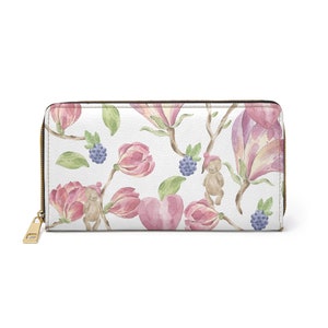 carteira com zíper com flores rosa e brancas