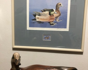 Beautiful Widgeon wooden duck signed by artist and Duck Stamp print by artist William C Morris