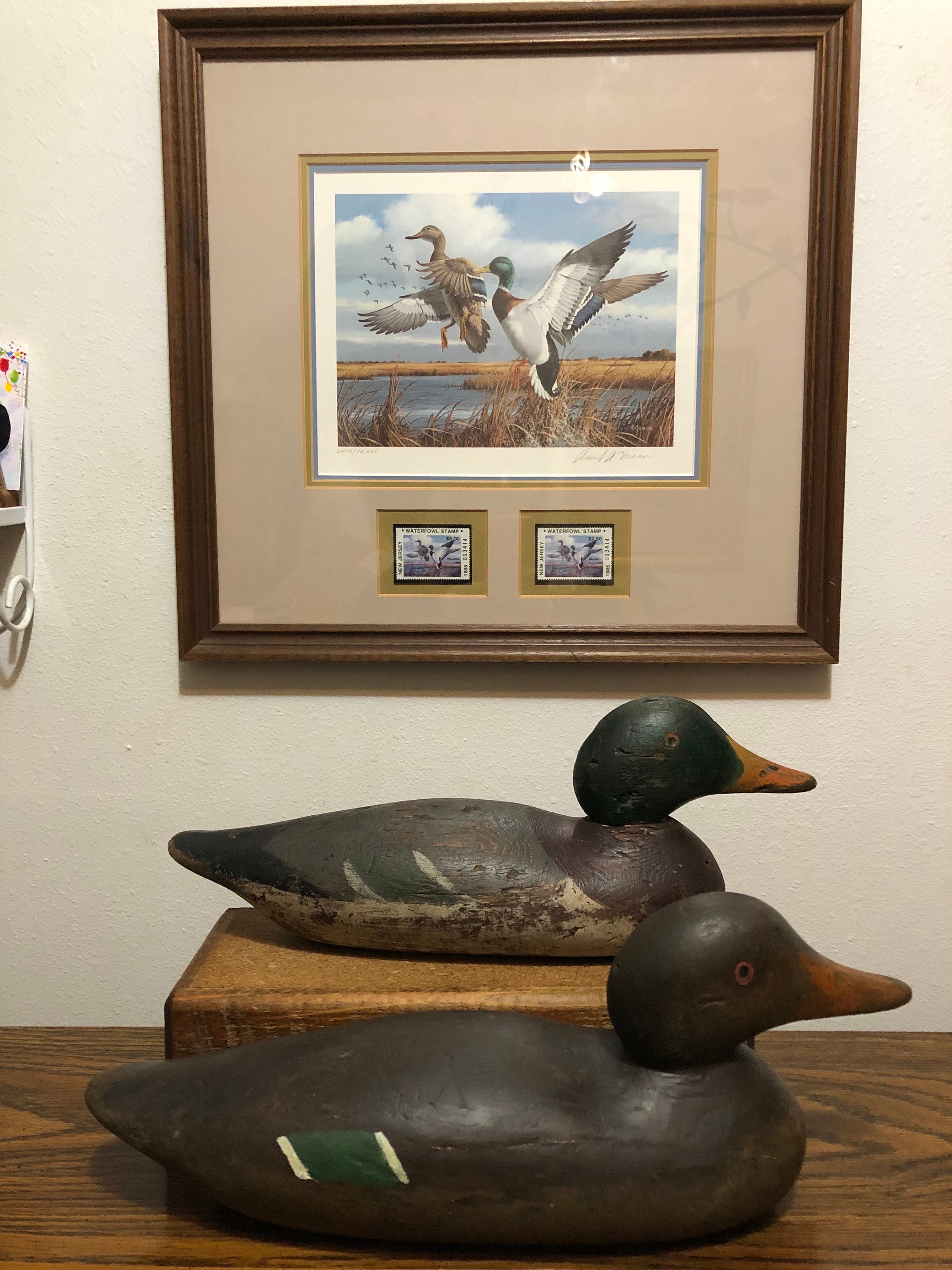 Sandard Mason Pair of Mallard Duck Decoys With Painted Eyes Along
