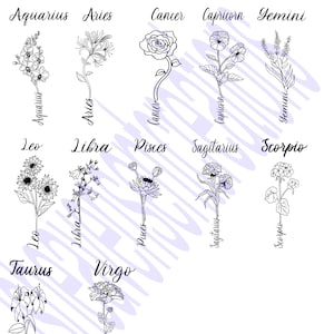 Geburtsmonat Sternzeichen Blume SVG, mit Astrologie Zeichen, Astrologie Zeichen Svg, Mama SVG, Familie Namensschild, Benutzerdefiniertes Gartenzeichen, Familienzeichen Svg