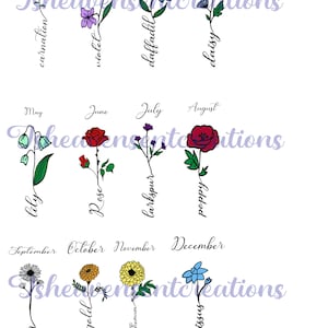 Birth month flowers colored png, color layered svg, grandmas garden sign, sublimation, print and cut