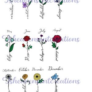 Flores del mes de nacimiento coloreadas png, svg en capas de color, letrero de jardín de abuelas, sublimación, impresión y corte
