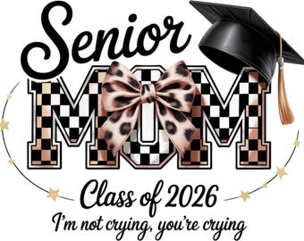 Senior Mom PNG – Leopard Bow Checkered Letters, Graduation Design (Digital Download)