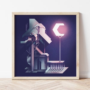 Może przedstawiać: Cyfrowa ilustracja geometrycznego budynku z drabiną i świecącym półksiężycem w tle. Budynek jest renderowany w odcieniach szarości, różu i błękitu na ciemnofioletowym tle.