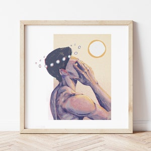 Könnte beinhalten: Eine digitale Illustration einer Person mit einer Perlenkrone auf dem Kopf, die sich mit der Hand das Gesicht bedeckt. Der Hintergrund ist hellgelb mit einem Kreis in der oberen rechten Ecke.