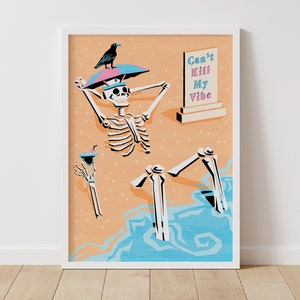 Funny skeleton on vacation can't kill my vibe art skeleton at the beach drawing skeleton illustration print skeleton art print spooky art image 1