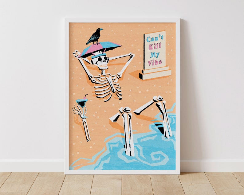 Funny skeleton on vacation can't kill my vibe art skeleton at the beach drawing skeleton illustration print skeleton art print spooky art image 1