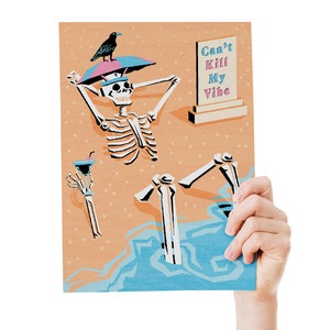 Funny skeleton on vacation can't kill my vibe art skeleton at the beach drawing skeleton illustration print skeleton art print spooky art image 2