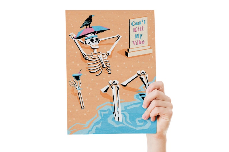 Funny skeleton on vacation can't kill my vibe art skeleton at the beach drawing skeleton illustration print skeleton art print spooky art image 2