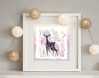 Cartoon Deer Drawing Screen Print Textured Artwork Deer Design with Pastel Colors Layered Artwork Wood Cut Style Illustration Print Art