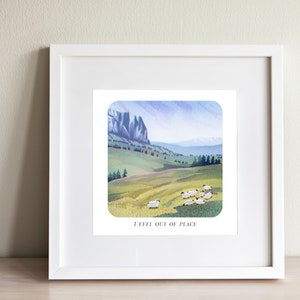 Sheep Mountain Meadow Artwork Print Lonely Quote Art Mountain Valley Painting Landscape Illustration Original Meadow Drawing Print