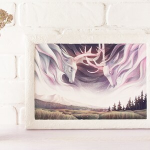Deer in the Clouds Fantasy Art Dreamscape Whimsical Drawing One of a Kind Unique Concept Art Animal Spirit Artwork Illustration Print Out