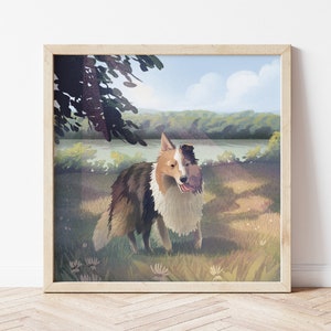 Shetland Sheepdog Pet Portrait Drawing Sheltie Pet Artwork Dog Drawing Illustration Landscape with Dog Artwork Print Digital Illustration