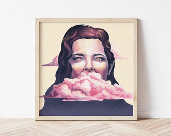 Head in the clouds Creative Drawing Woman Portraiture original Stylized Art Cloud Drawing Illustration Print Wall Decor Imaginary Artwork