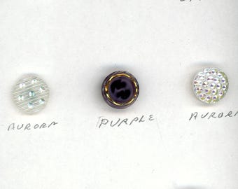 9 Purple or white moonglow buttons carded 3 purple 6 white aurora gold luster great assortment