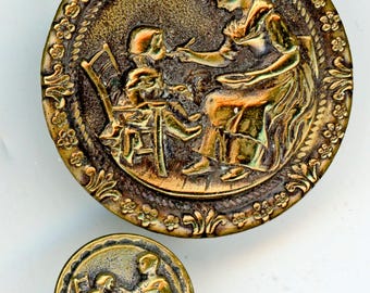 Hard to find antique Porridge Time mother and Daughter set Large  1-11/16" dia one piece stamped brass small 5/8" dia 2 pc lacquered  back