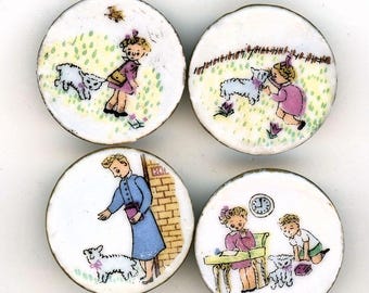 Nursery Rhyme "Mary had a little lamb" set of 4 ceramic transfer buttons by Sarah HALE produced by Lois Calkins NBS Medium circa 50s - 70s
