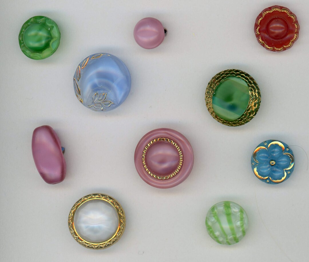 10 Great Moonglow Glass Buttons Floral, Oval in Round, Oval Green & White Striped,gold