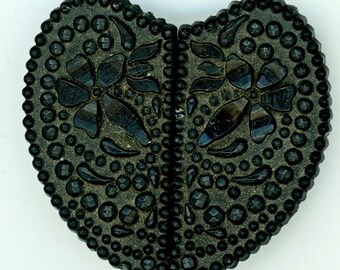 Antique Mourning BUCKLE not a button matte Black glass 2 piece heart shaped metal back floral bg imitation cut steel border lined background
