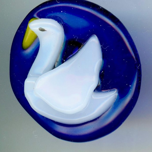 Colbalt lovers this is for you cobalt glass base w white duck yellow beak Fused glass by Kay Ferguson in 2000 con20  1-1/8" dia  NBS mediium