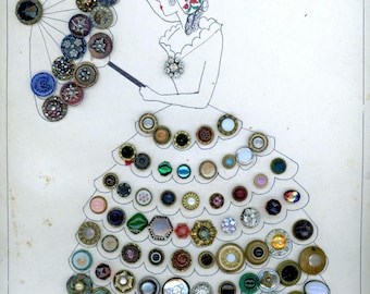 Spectacular Card of a woman with umbrella Filled with 77 glass buttons set in metal,  Steel cups buttons and so much more