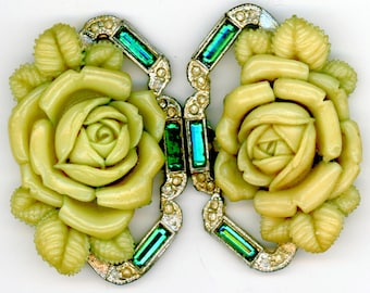 RARE Early Gorgeous BUCKLE 1900s Deep molded Celluloïd Rose with green rectangle glass  RARE 2 x 3" bm under metal "an" probably for Japan