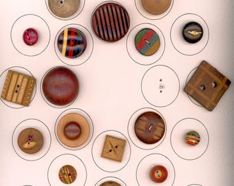 Spectacular card of 28 Wood buttons assorted shapes.techniques, moveable, painted, Collectible Craft supplies, 4 large and so much more
