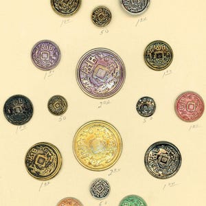 May include: A collection of antique coins in various sizes and colors, including gold, silver, purple, and green. Each coin features intricate designs and Chinese characters, with denominations indicated on the coins.