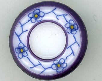 Gorgeous White glass DISH shape button delicate blue flowers with yellow centers & blue lines vines? 4 way box shank 11/16Dia  PURPLE  rims
