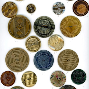 May include: A collection of 17 vintage buttons with various designs and colors. The buttons are arranged on a white background. The buttons are made of different materials, including plastic, metal, and wood. The buttons are all round and have a diameter of approximately 1 inch. The buttons are labeled with numbers and the text "WAFERS FC11".